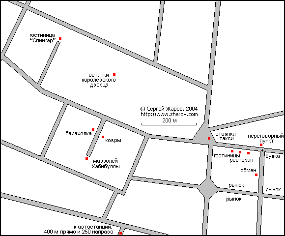 Карта центра Джелалабада по памяти и спутниковому снимку 1999 года.  Только основные улицы.